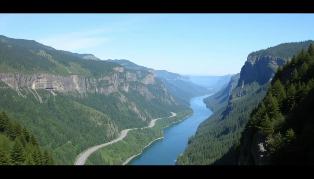 Image of the Columbia River Gorge with a scenic highway and surrounding cliffs