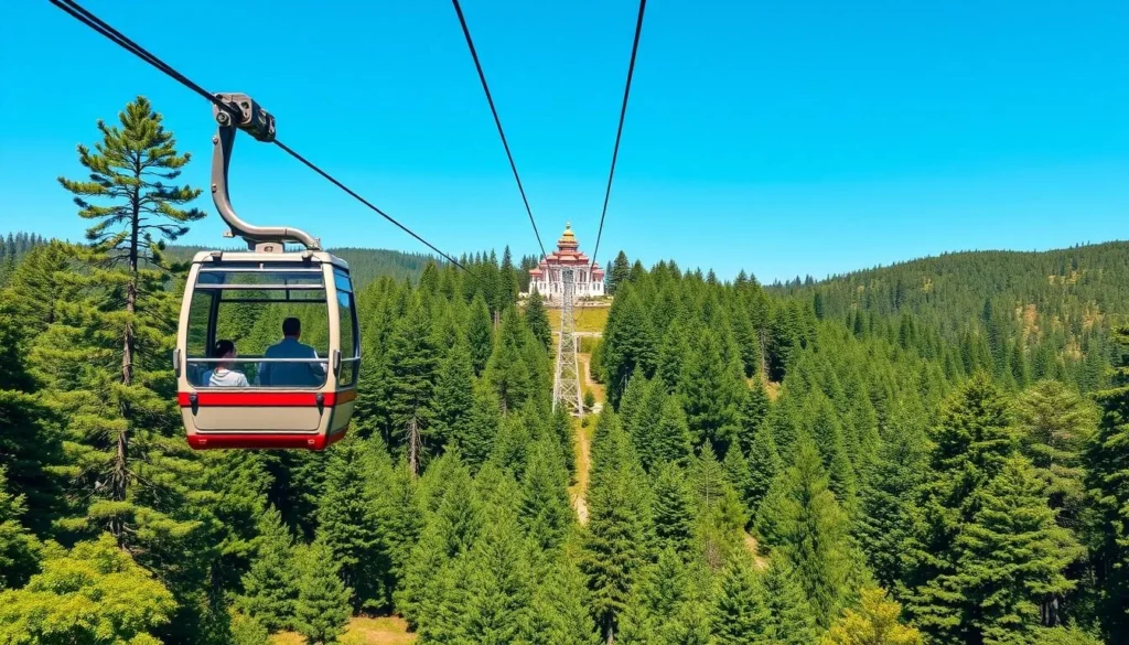 Image of the Dalat cable car riding over pine forests towards Truc Lam Monastery