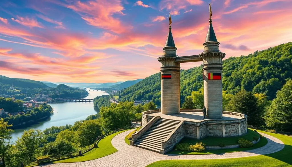 Image of the Dreiländereck monument with the Rhine River in the background
