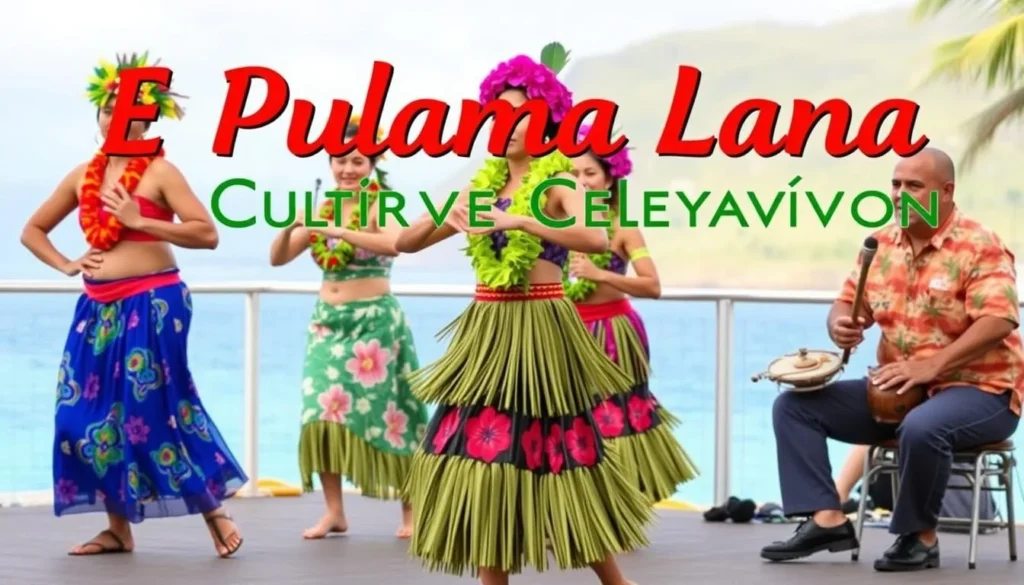 Image of the E Pulama Lanai Cultural Celebration featuring traditional Hawaiian hula dancers and musicians