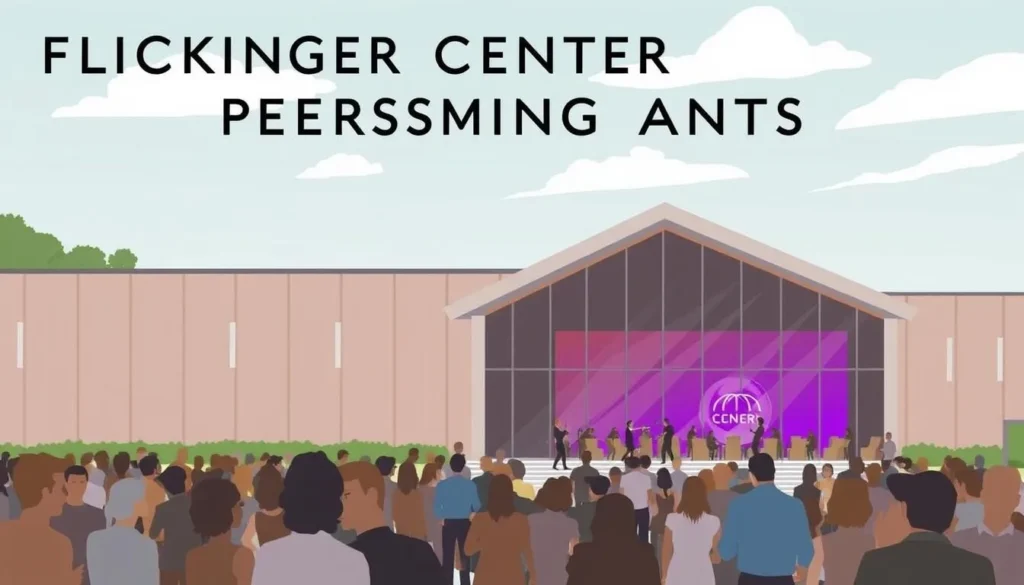 Image of the Flickinger Center for Performing Arts building with a vibrant performance or event