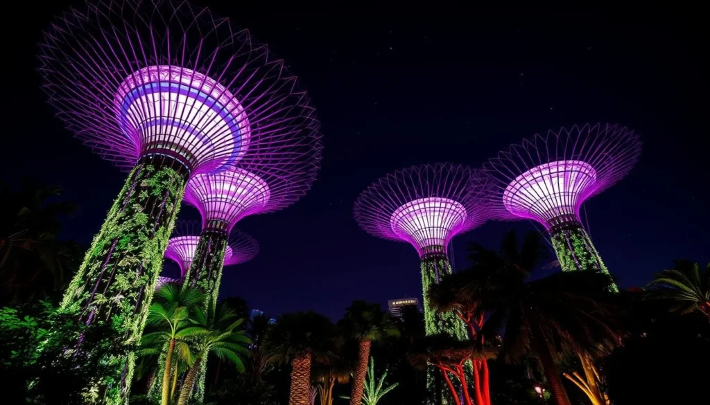 Image of the Gardens by the Bay Supertree Grove at night with the Garden Rhapsody light show
