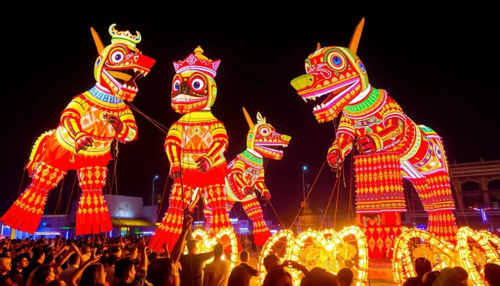 Image of the Giant Puppet Parade in Siem Reap at night