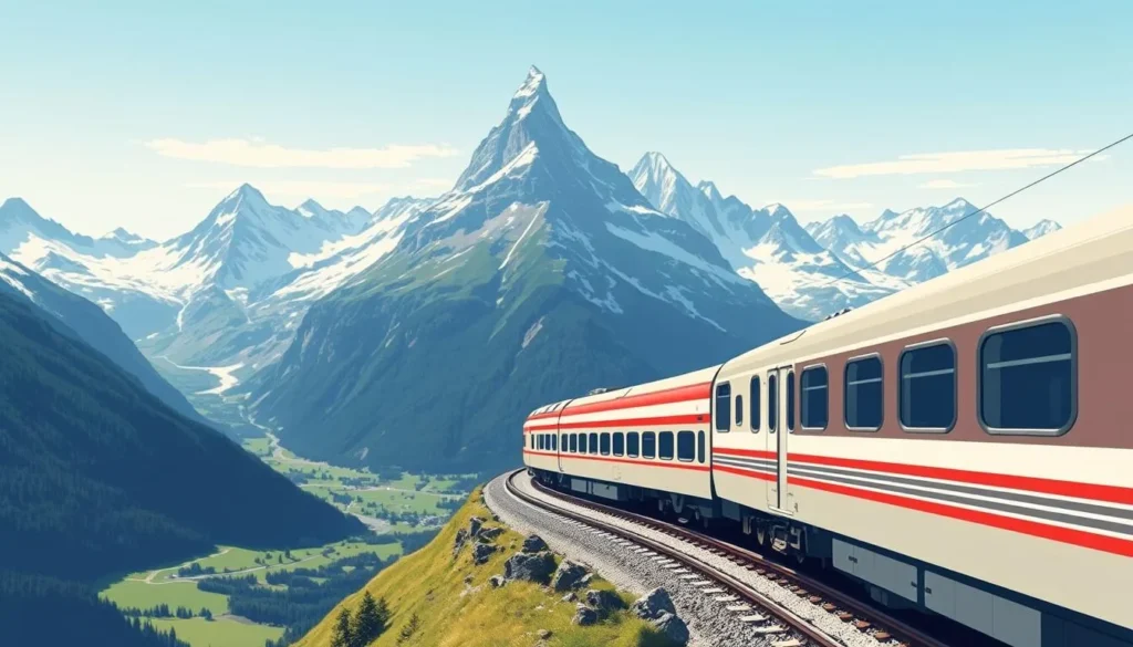 Image of the Glacier Express train passing through the Swiss Alps