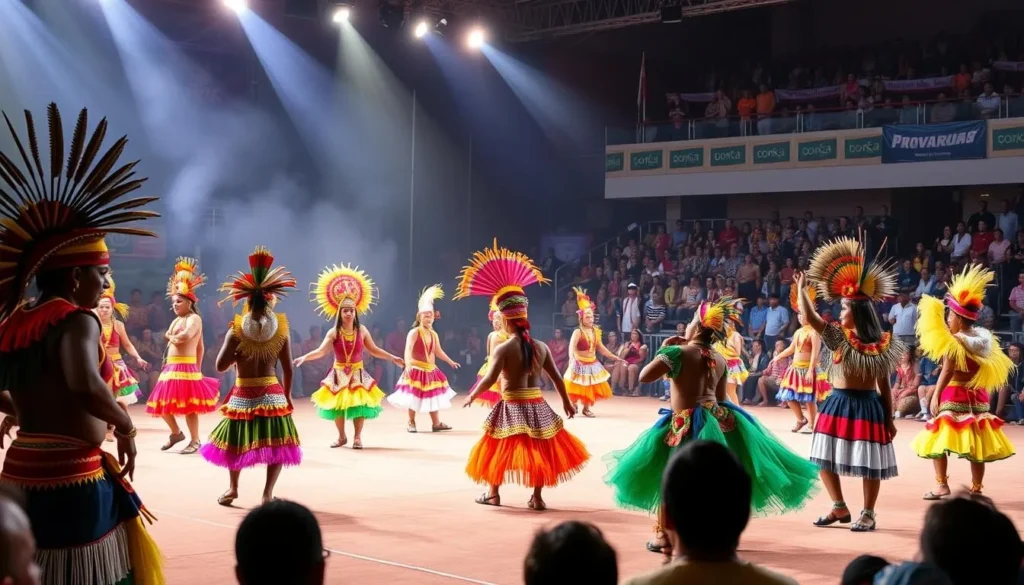 Image of the Goroka Show main arena with performers in traditional costumes