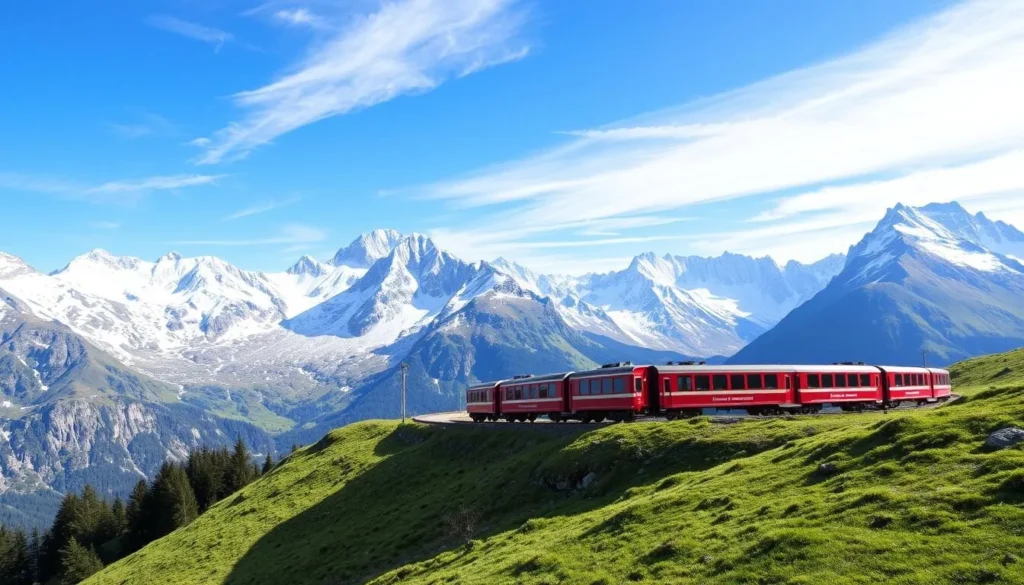 Image of the Gotthard Panorama Express train winding through the Swiss Alps
