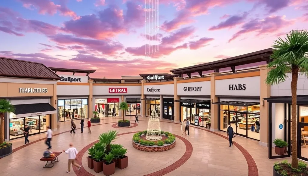 Image of the Gulfport Premium Outlets mall with a variety of brand name stores