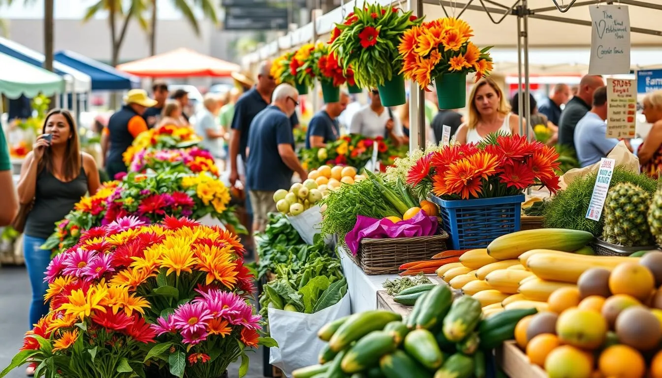 Image of the Hilo Farmers Market on a busy Wednesday morning, with vibrant tropical flowers and local produce on display.