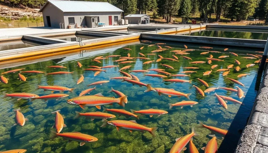 Image of the Hot Creek Fish Hatchery facilities with rainbow trout swimming in the ponds.