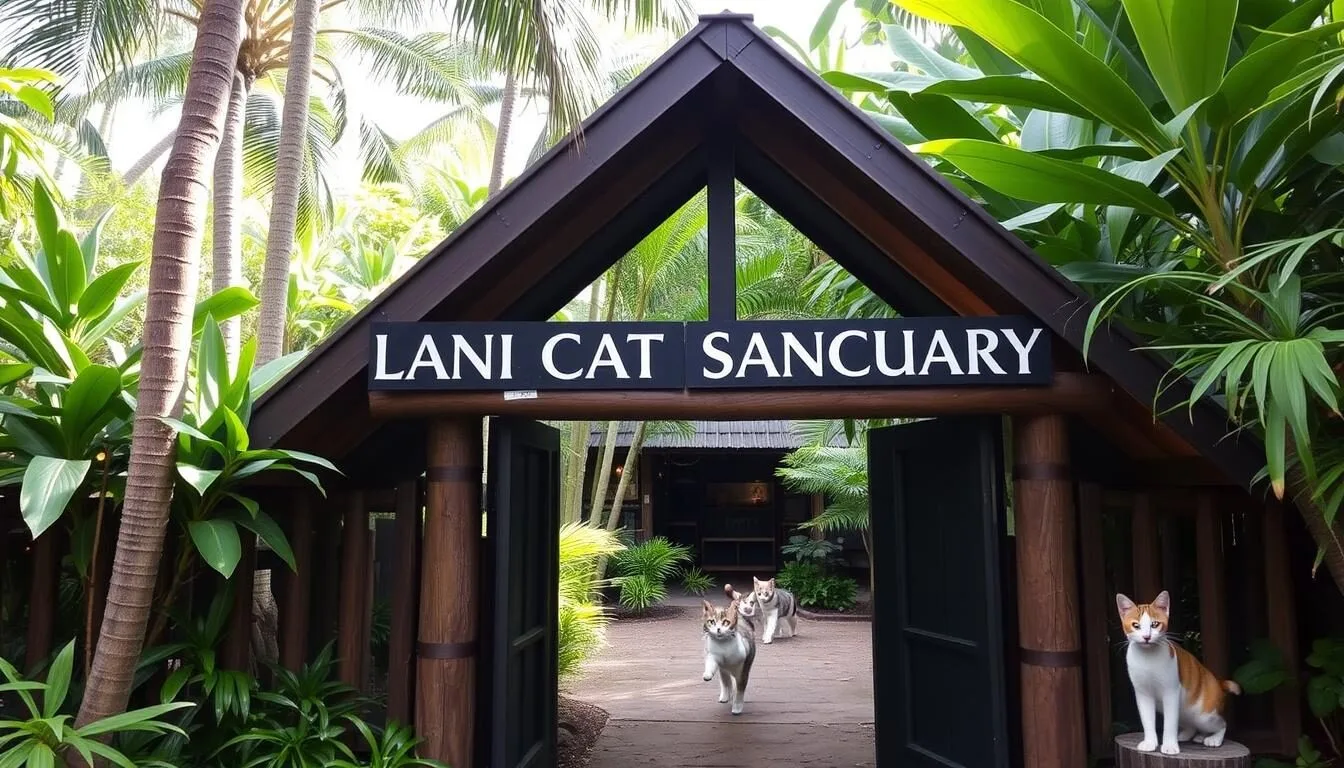 Image of the Lanai Cat Sanctuary entrance with cats playing in the background