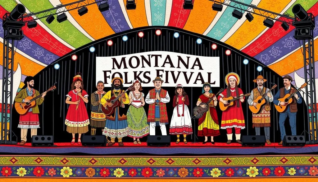 Image of the Montana Folk Festival stage with performers from different cultures