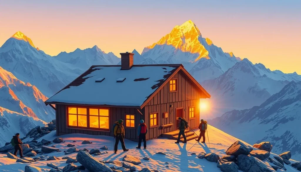 Image of the Monte Rosa Hut at sunrise with climbers preparing for their ascent