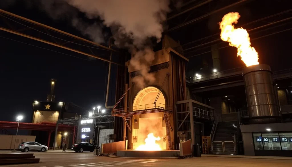Image of the Museum of Steel's massive blast furnace with a live fire show