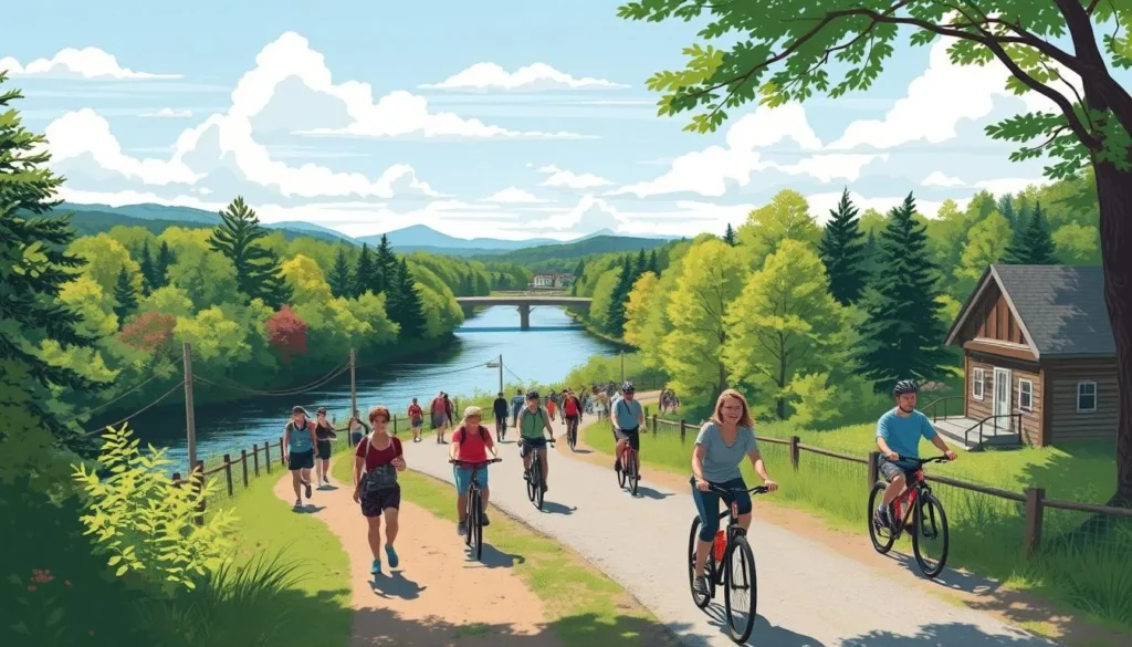 Image of the Nashua River Rail Trail with hikers and bikers enjoying the scenic views