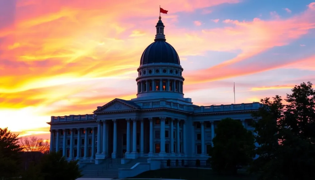 Image of the Nebraska State Capitol building at sunset