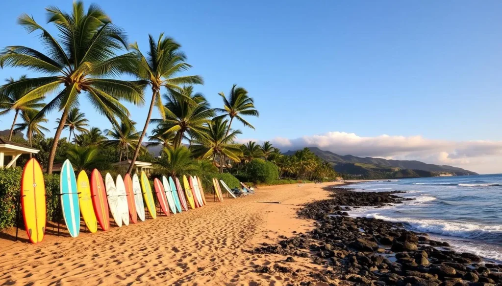 Image of the North Shore coastline with surfboards and palm trees