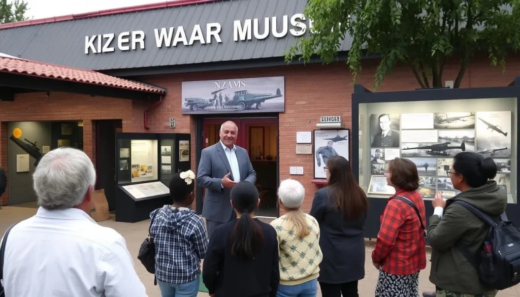 Image of the Nzam War Museum exterior with a guide explaining exhibits