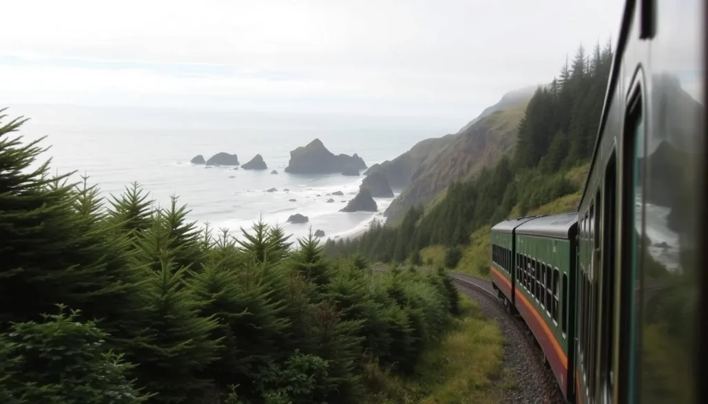 Image of the Oregon Coast Scenic Railroad passing through a coastal landscape
