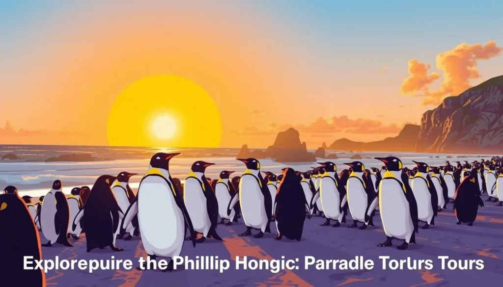 Image of the Phillip Island Penguin Parade with a caption "Phillip Island penguin parade tours"