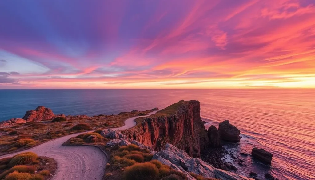 Image of the Pink Granite Coast at sunset with the GR34 footpath visible