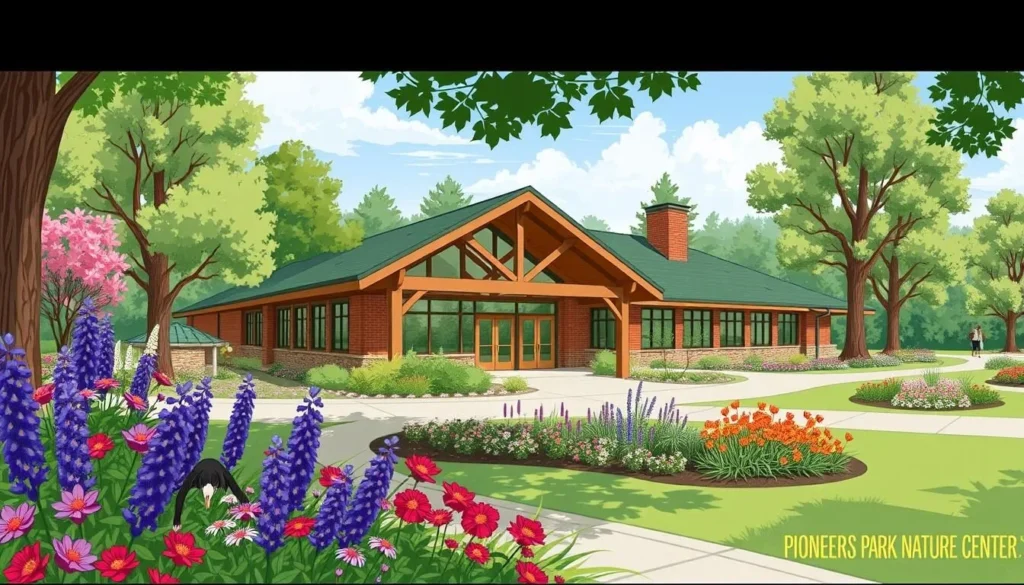 Image of the Pioneers Park Nature Center building surrounded by natural scenery.