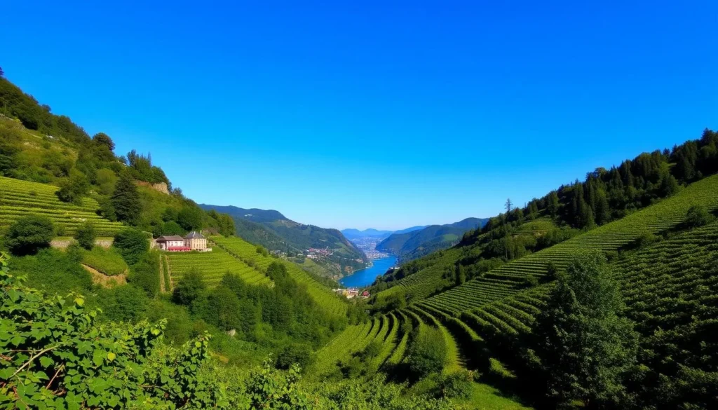 Image of the Rhine Valley with vineyards and the Rhine River