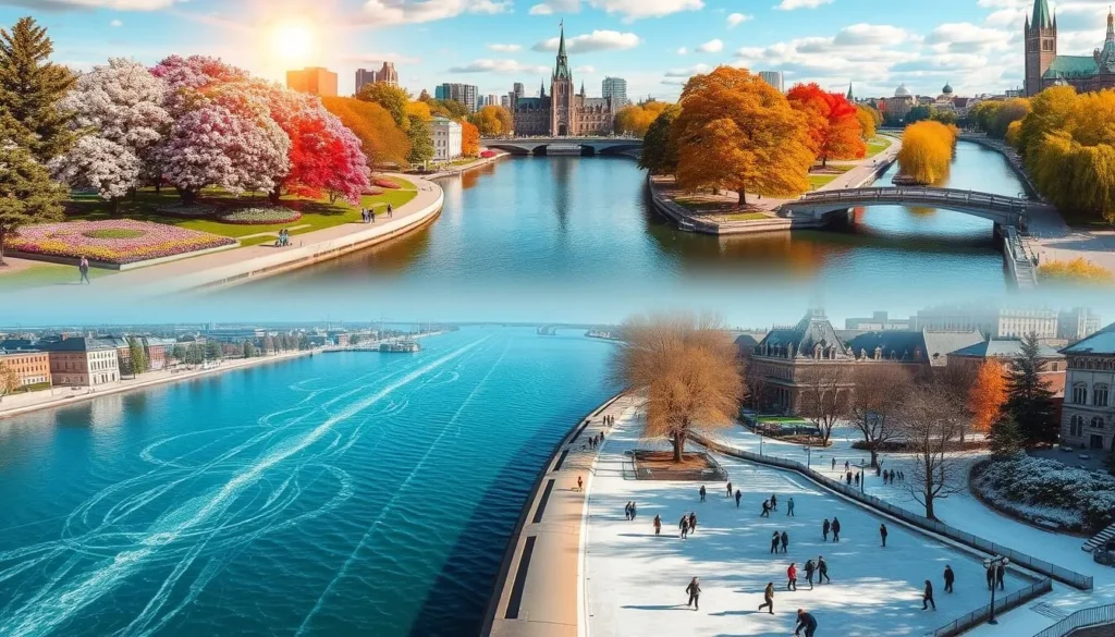 Image of the Rideau Canal in Ottawa during different seasons