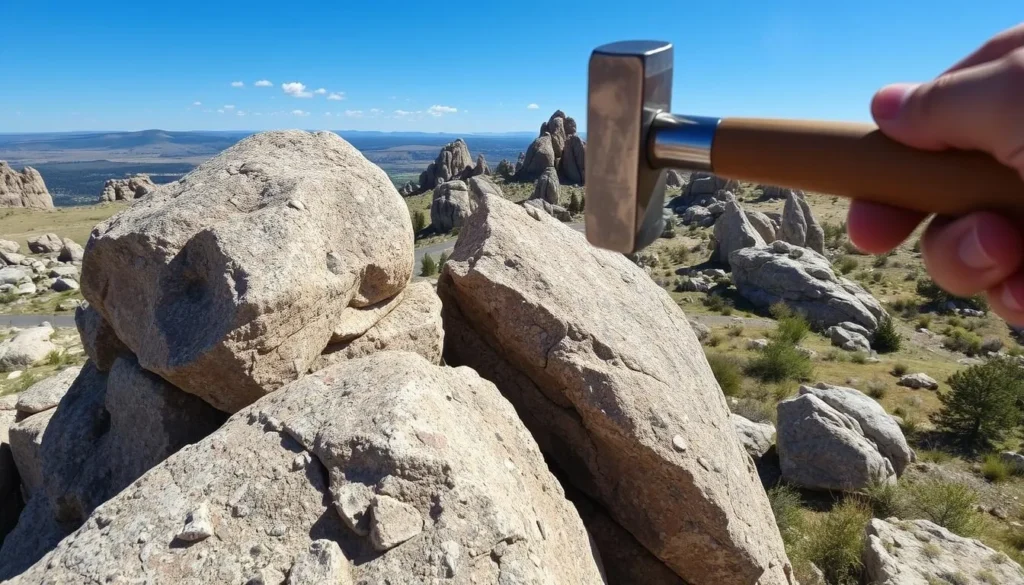 Image of the Ringing Rocks in Butte, Montana, with a hammer striking a rock