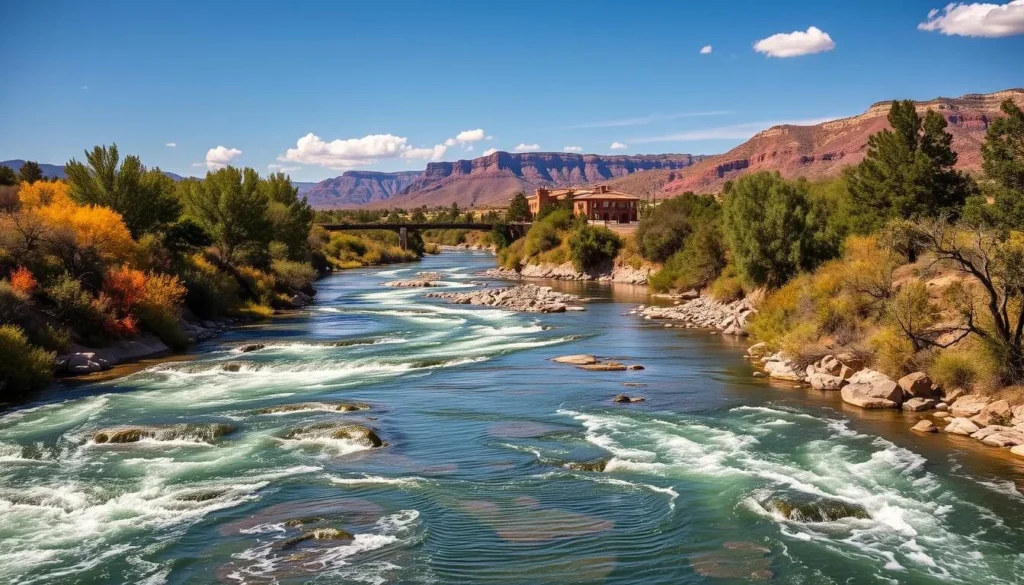 Image of the Rio Grande River in Truth or Consequences, New Mexico, showcasing its natural beauty and surrounding landscape.