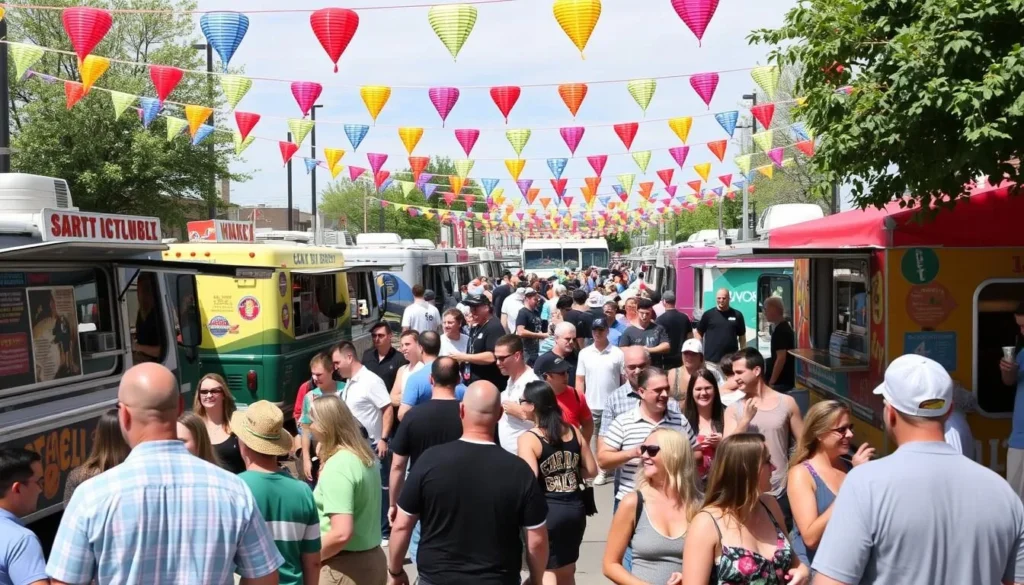 Image of the Scotsman Food Truck Park in Laurel, with various food trucks and a lively atmosphere.