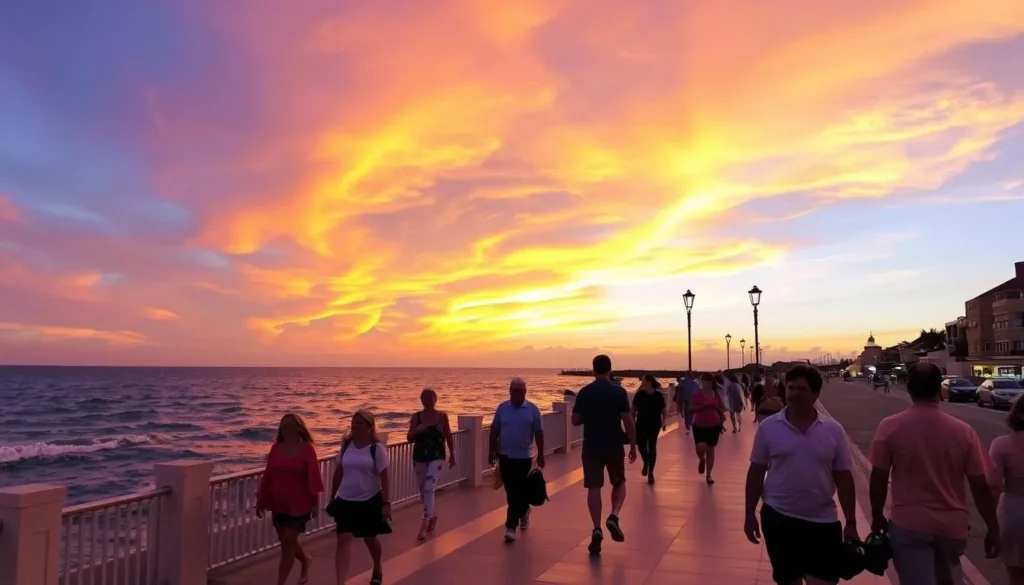 Image of the Seaside Promenade at sunset with people strolling and enjoying the ocean views