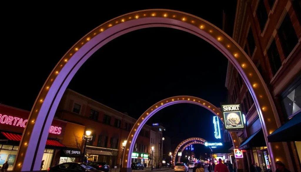 Image of the Short North Arts District's iconic arches at night