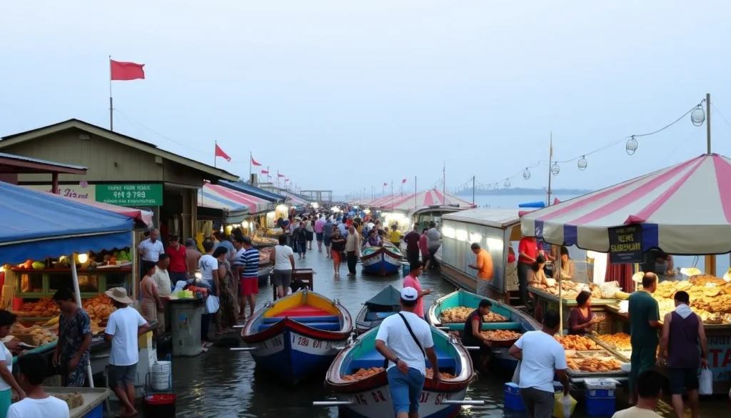 Image of the Sihanoukville Sea Festival with boats and seafood stalls