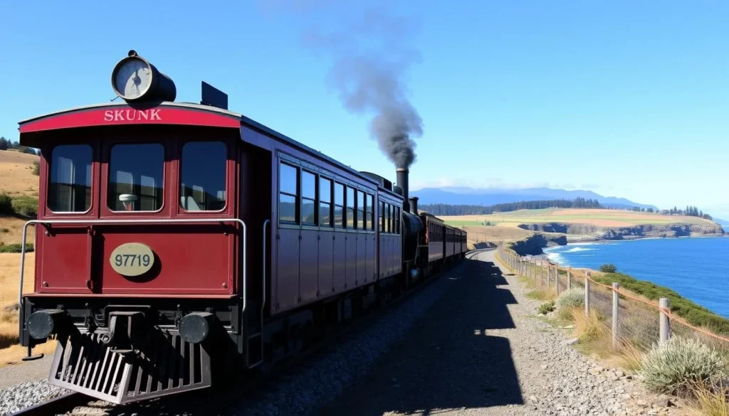 Image of the Skunk Train departing from Fort Bragg