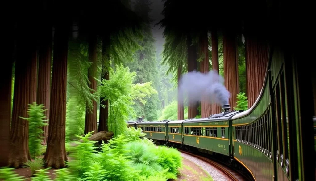 Image of the Skunk Train passing through a redwood forest