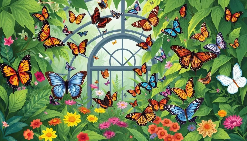 Image of the Sophia M. Sachs Butterfly House with a variety of butterflies and lush greenery