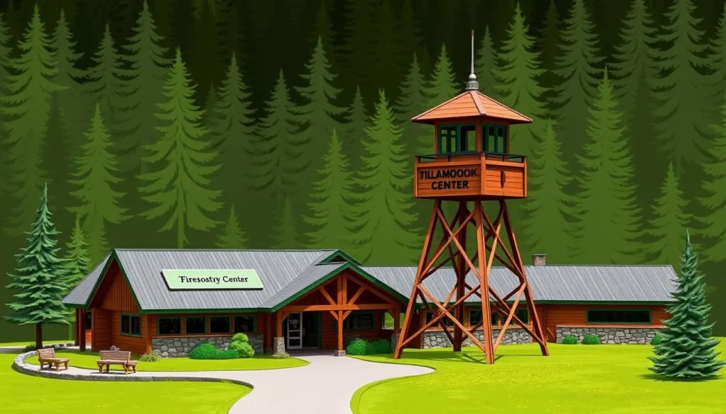 Image of the Tillamook Forestry Center with a replica fire lookout tower and surrounding forest.