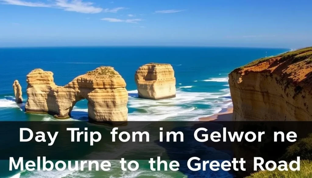 Image of the Twelve Apostles limestone stacks with a caption "Great Ocean Road day trip from Melbourne"