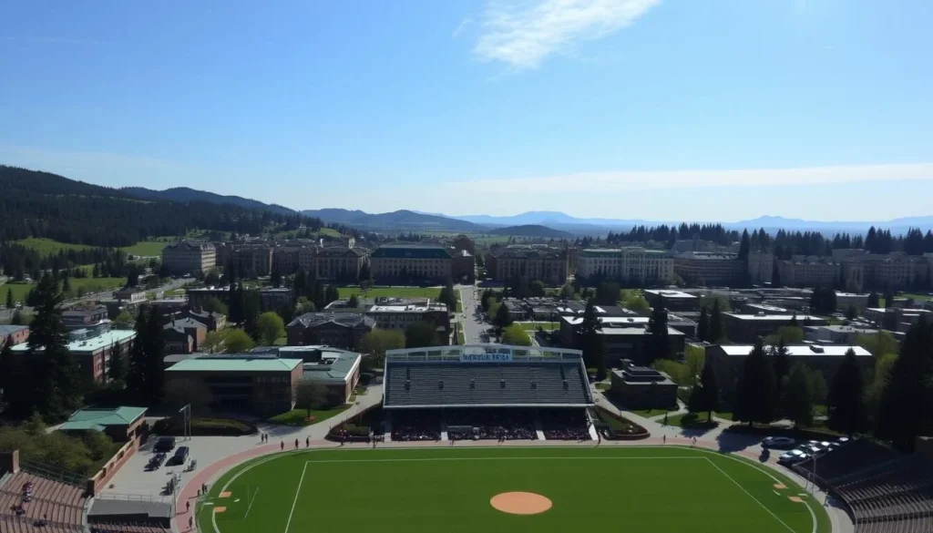 Image of the University of Oregon campus with Hayward Field in the foreground