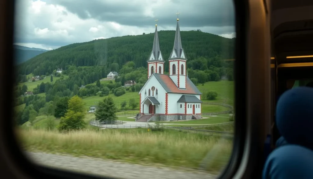 Image of the Wassen Church as seen from the train, showcasing its triple view