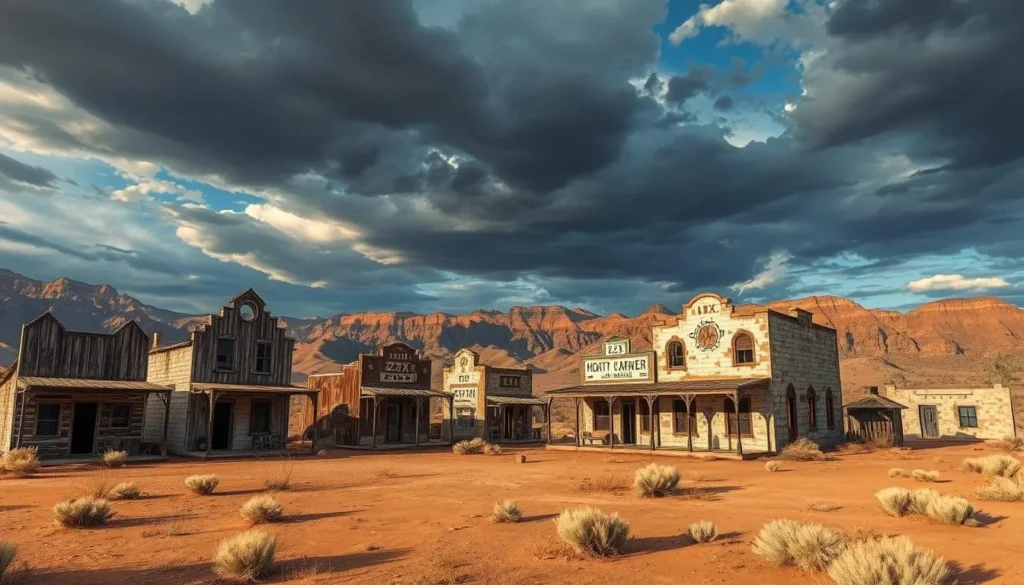 Image of the Zzyzx ghost town with crumbling buildings and desert landscape