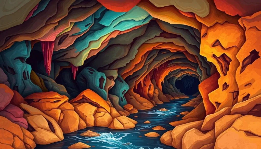 Image of the colorful formations and underground river within Meramec Caverns.