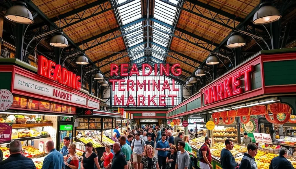 Image of the interior of Reading Terminal Market with various food stalls