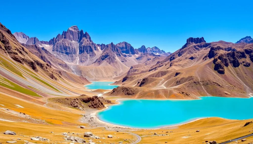 Image of the turquoise lakes and rugged peaks of the Fann Mountains