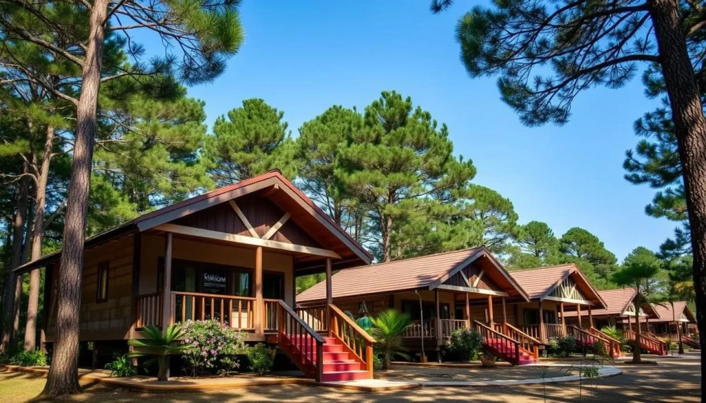 Image of vKirirom Pine Resort bungalows nestled among pine trees