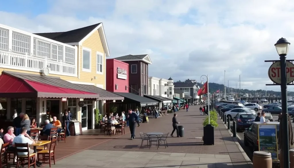 Image of waterfront dining or shopping along Bay Boulevard in Newport, Oregon