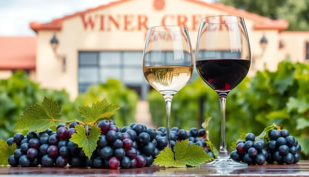 Image of wine glasses and grapes at Long Creek Winery
