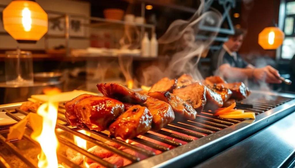 Image of yakiniku being grilled at Shatoburian