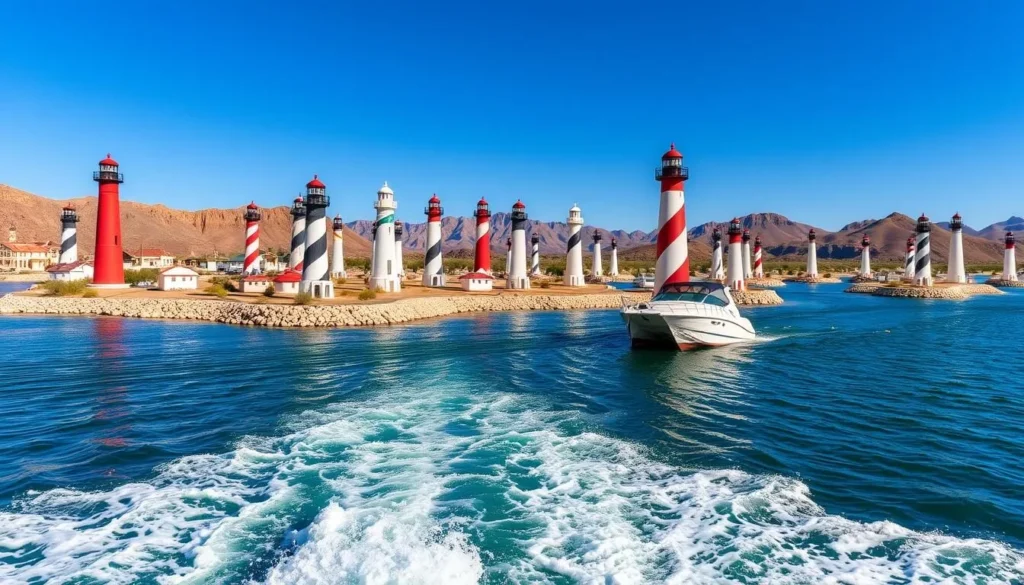 Imagine a boat tour through Lake Havasu, surrounded by 28 lighthouse replicas.