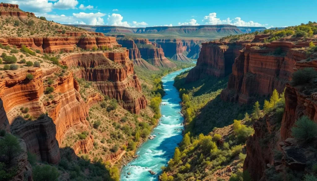 Imagine a deep, vast canyon with a river flowing through it, surrounded by lush vegetation and wildlife.